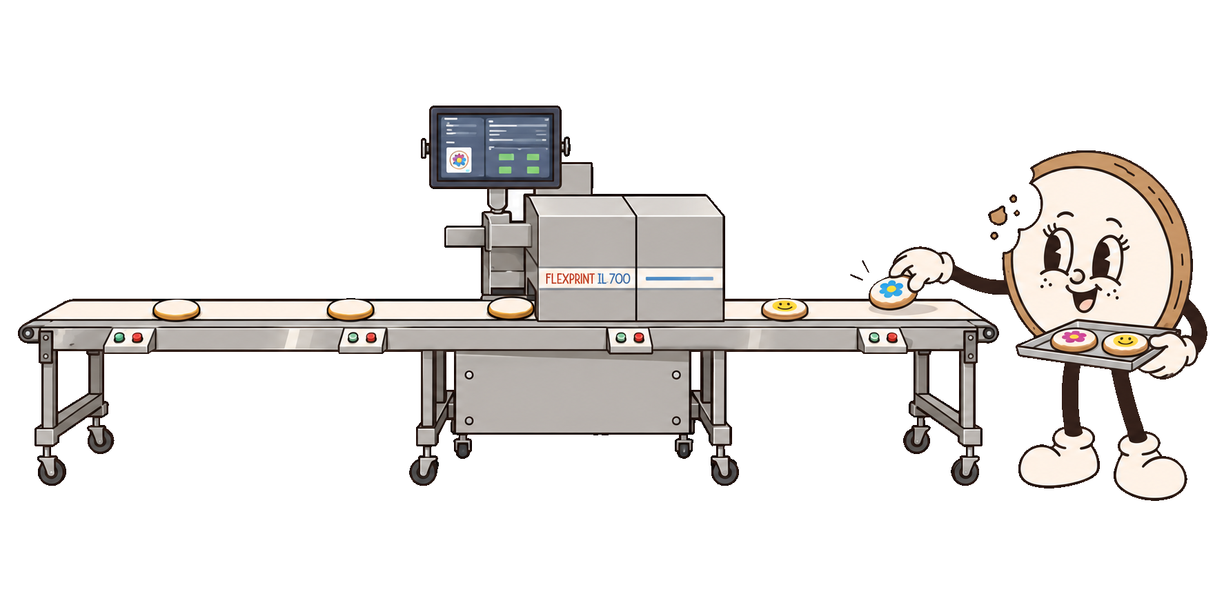 Digi collecting printed cookies from the IL-700 conveyor